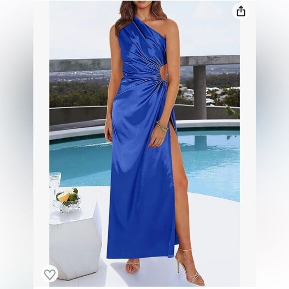 PRETTYGARDEN  One Shoulder Satin Slit High Long Cocktail Wedding Guest Dress - Picture 2 of 15